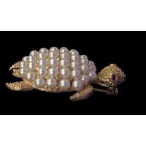 Vintage Les Bernard Turtle Brooch With Faux Pearl Shell & Gold-Tone Finish